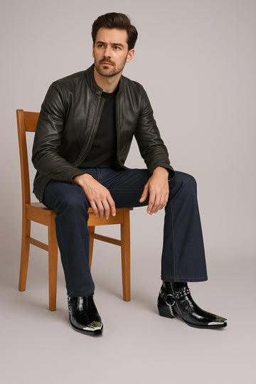 Steel Toe Cowboy Boots With Silver Studd Chain in Black Leather