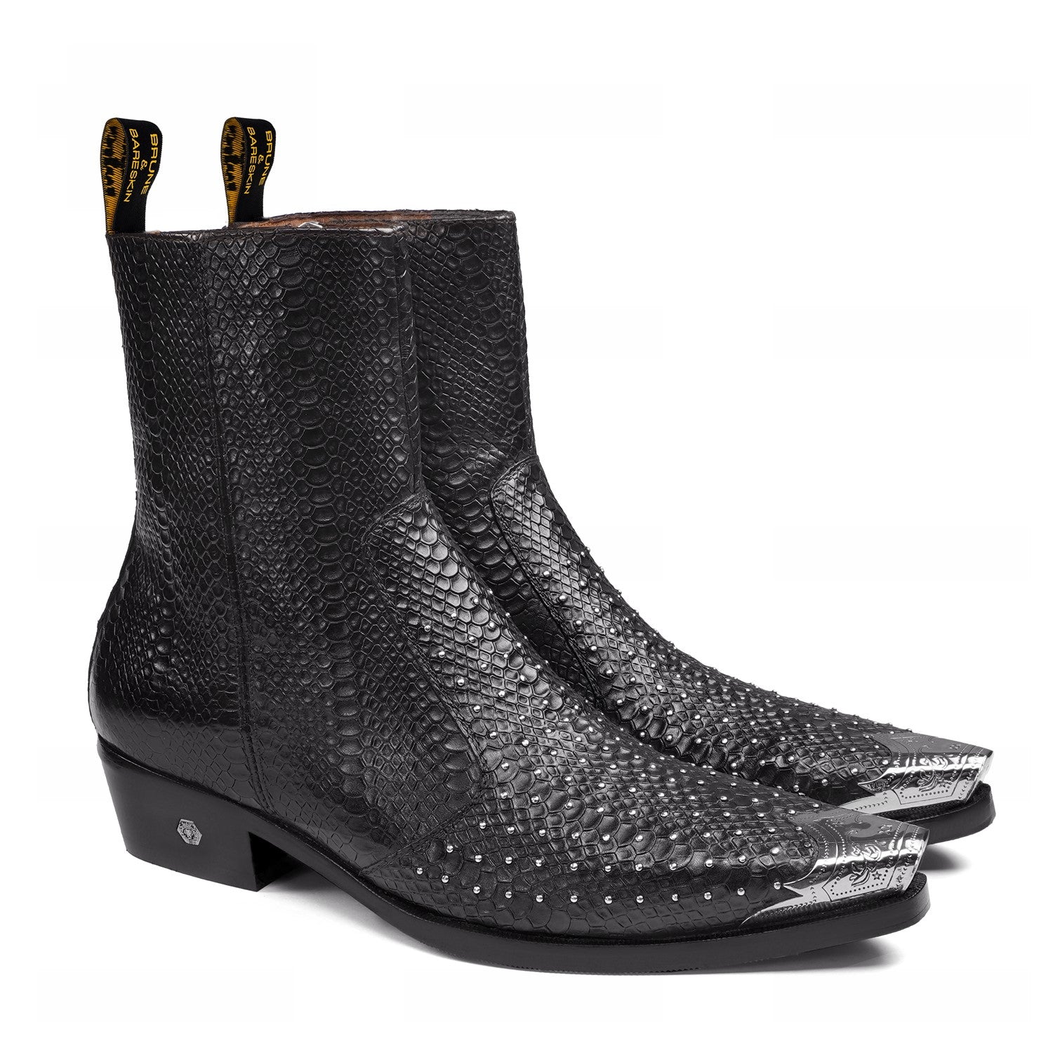 Metallic Cap Toe Black Studd Cowboy Boots in Deep Cut Croco Leather