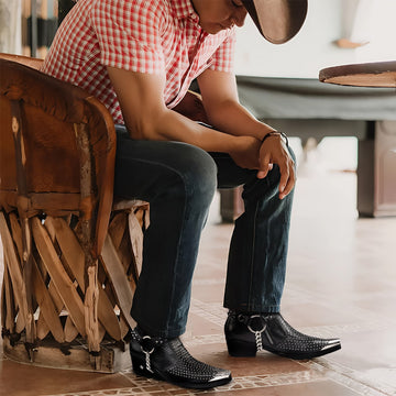 Steel Toe Cowboy Boots With Silver Stud Chain in Black Leather
