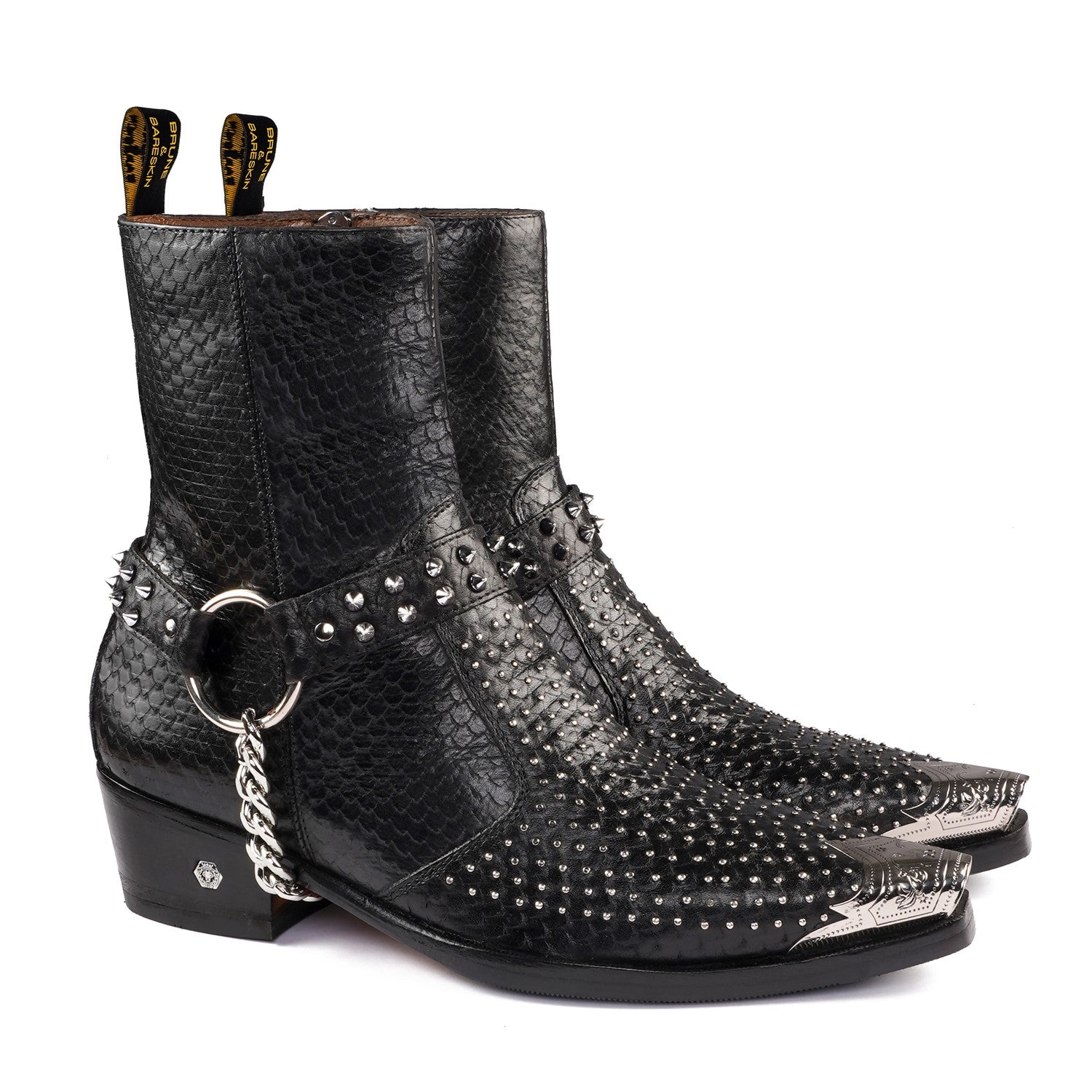 Steel Toe Cowboy Boots With Silver Stud Chain in Black Leather