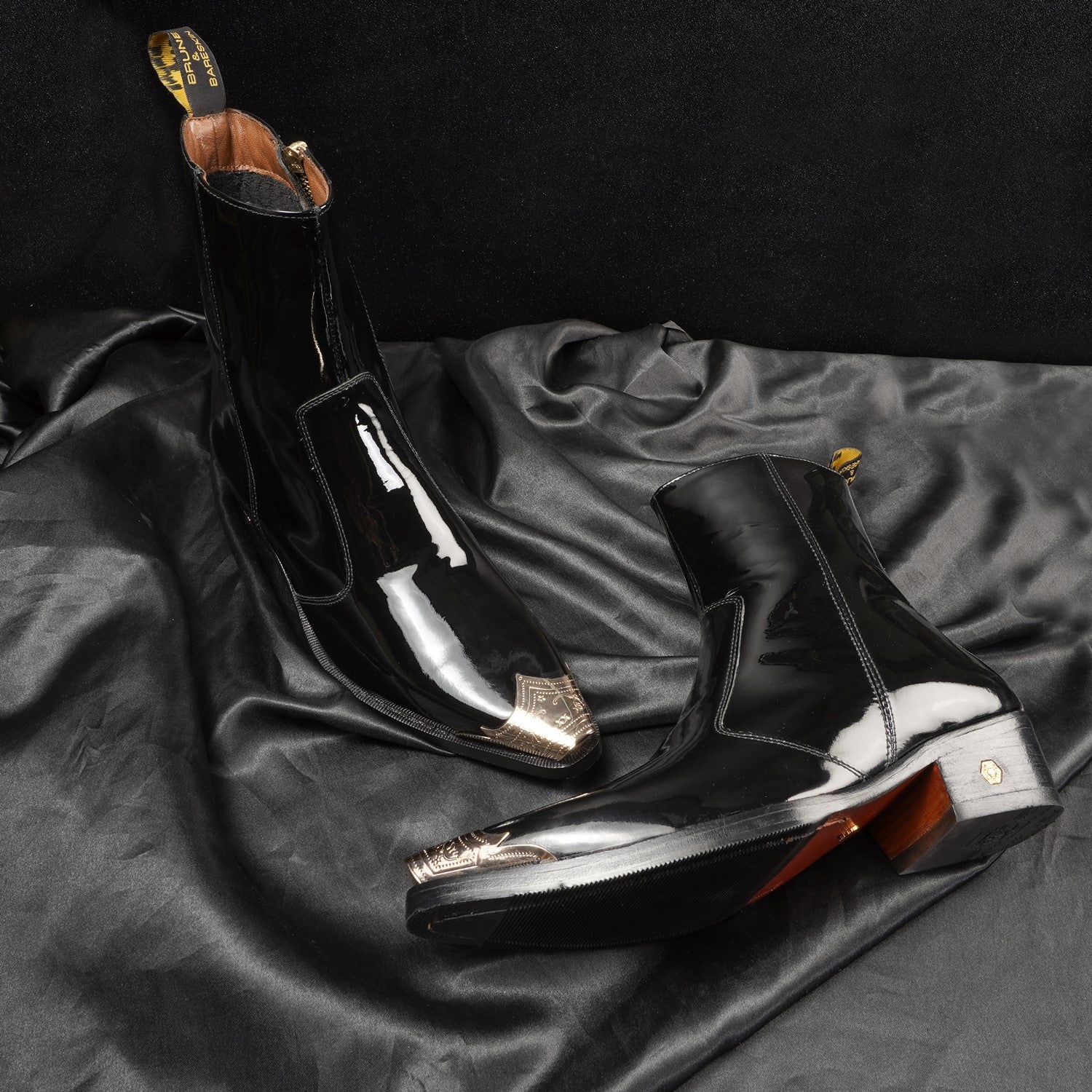 Black Patent Golden Metal Toe Cap Cuban Heel Leather Boots