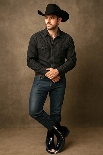 Black Patent Golden Metal Toe Cap Cuban Heel Leather Boots