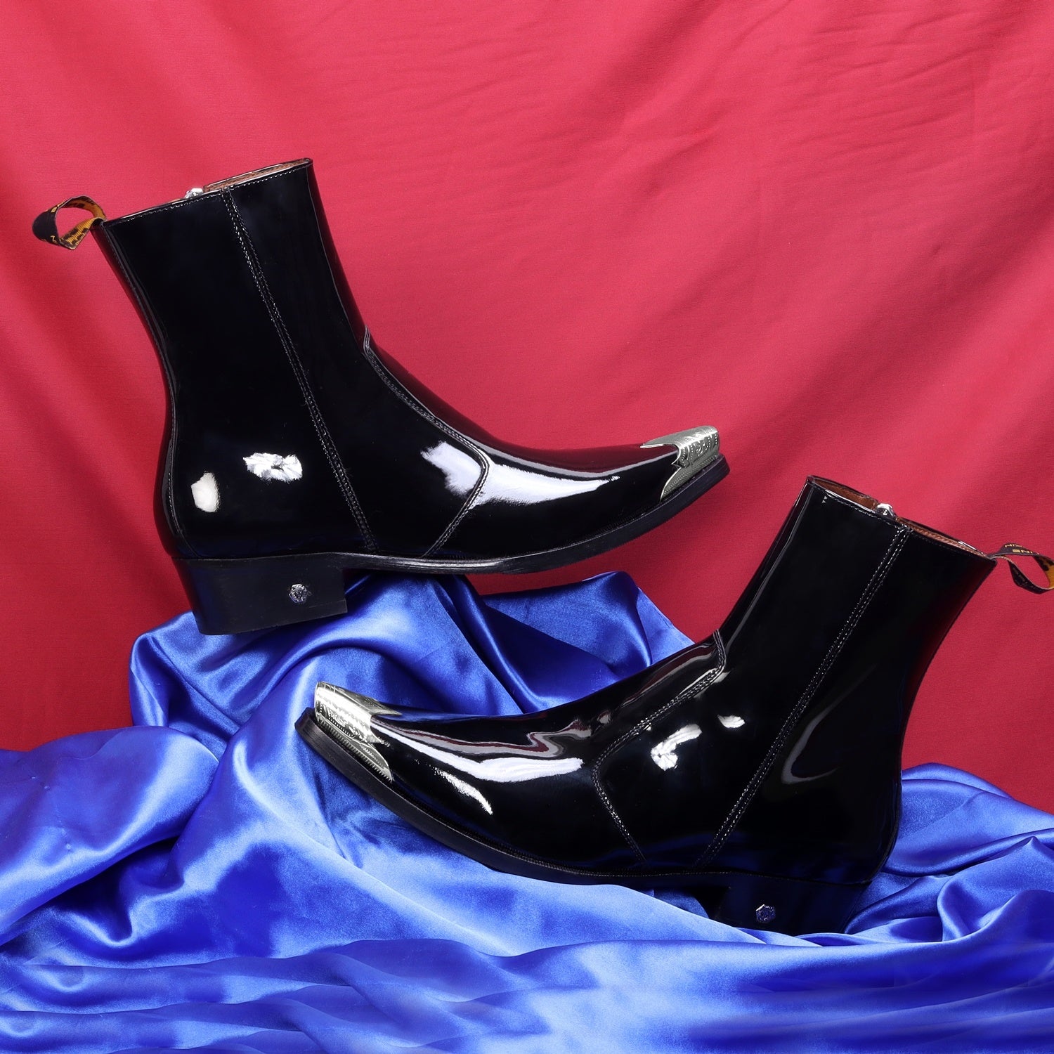 コピアポア 黒士冠ダブルベッド× NEIGHBORHOOD SRL Black Patent Golden Metal Toe Cap Cuban Heel Leather Boots