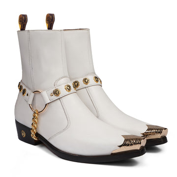 White Premium Leather Steel Toe Cowboy Boots With Golden Mini Lion Logo