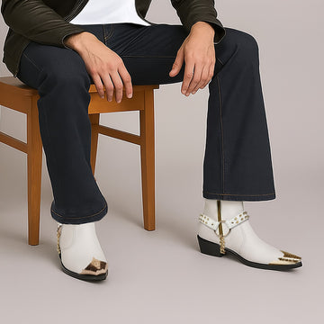 Steel Toe Cowboy Boots With Golden Studd Chain in White Leather