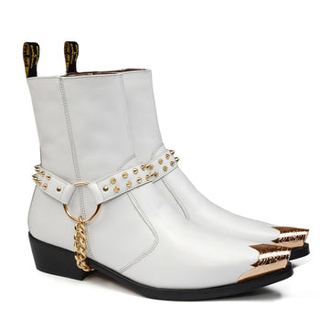 Steel Toe Cowboy Boots With Golden Studd Chain in White Leather