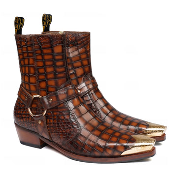 Metallic Cap Toe Smokey Finish Tan Cowboy Boots in Deep Cut Croco Leather