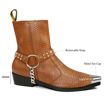 Steel Toe Cowboy Boots With Silver Studd Chain in Tan Leather
