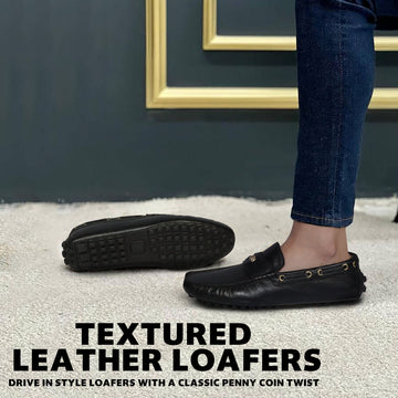 Coined Penny Black Textured Nubs Driver Loafer