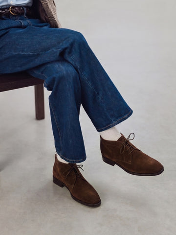 Derby Lace-Up Chukka Boot in Dark Brown Suede Leather