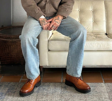 Wingtip Full Punching Brogue Men's Boots in Tan Leather Light Weight By Brune & Bareskin