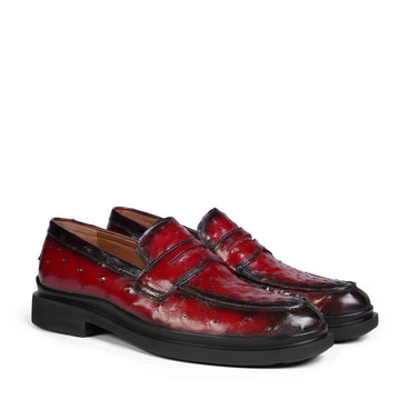 Exotic Wine Ostrich Leather Penny Loafers with Hand-Finished Patina