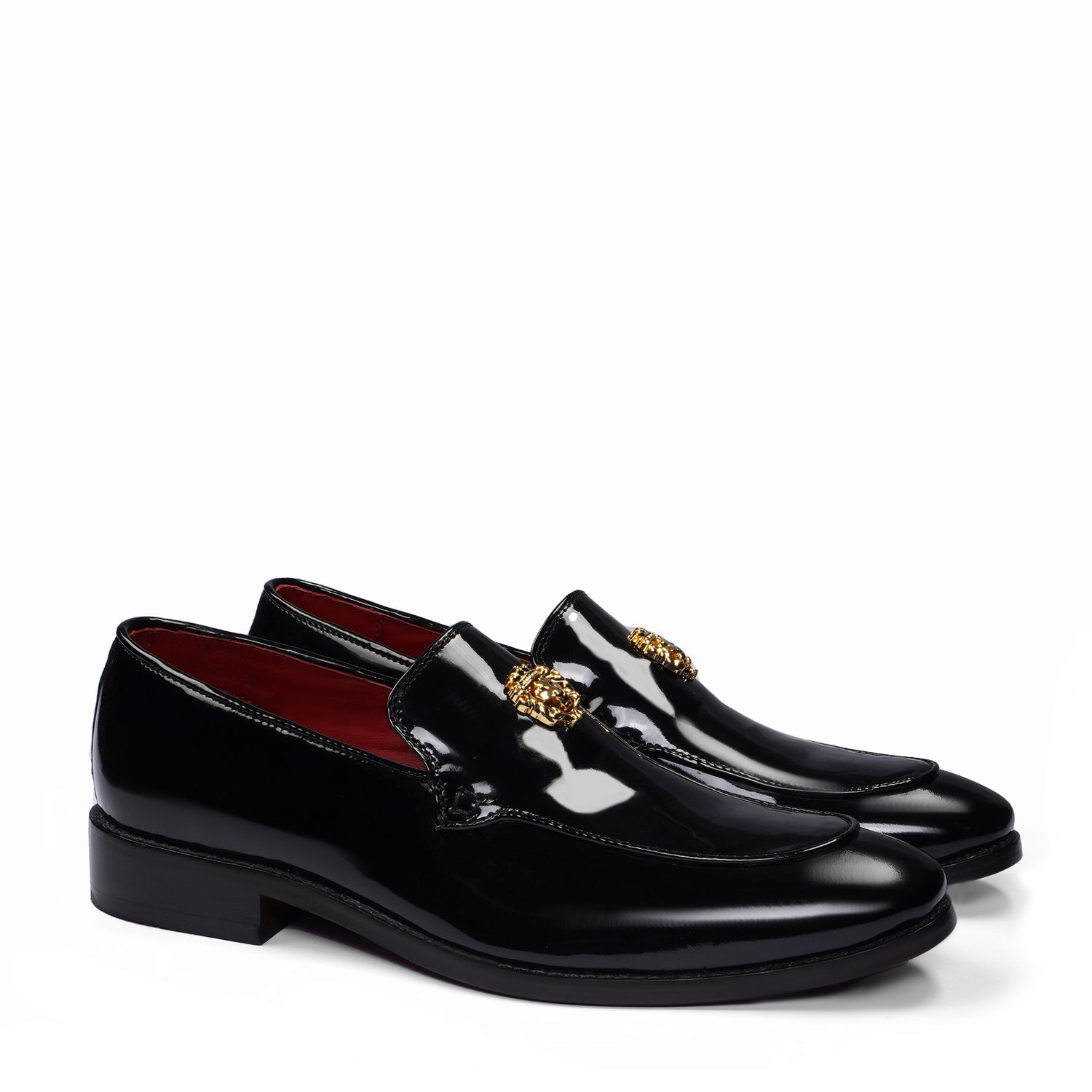 Elegant Black Patent Leather Loafers with Golden Lion Logo