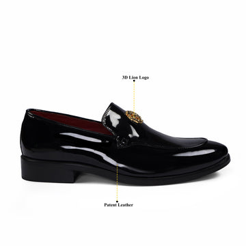 Elegant Black Patent Leather Loafers with Golden Lion Logo