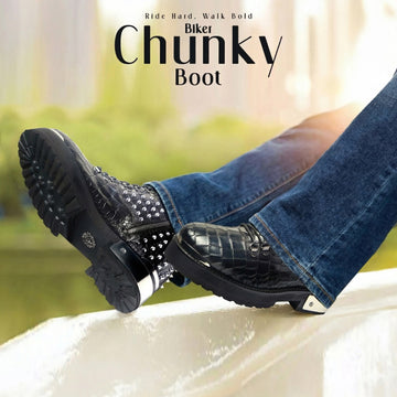 Black Croco Embossed Studded Skull Leather Chunky Boots