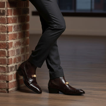 Luxury Dark Brown Croco and Plain Leather Cuban Heel Boots with Metal Chain Logo