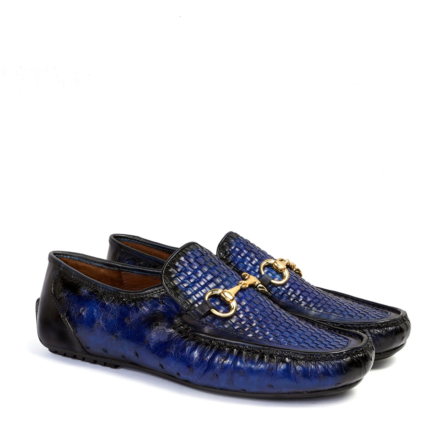 Blue Woven Detailing in Ostrich Leather Horse-bit Buckle Loafers