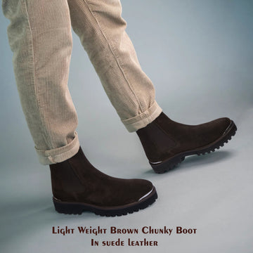 Dark Brown Suede Leather Round toe with Metal Plate Chunky Sole Men's Boot By Brune & Bareskin