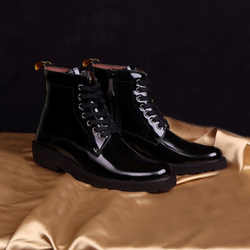 Black Ultra Light Weight Biker Boots Premium Authentic Patent Leather by Brune & Bareskin