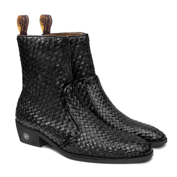 Premium Handwoven Black Leather Chelsea Cuban Boots