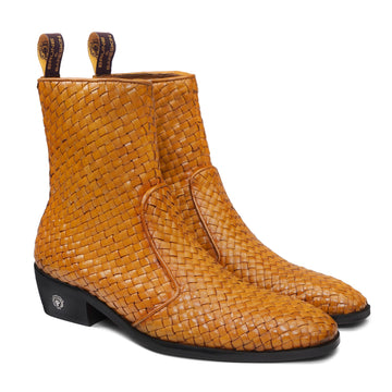 Premium Handwoven Orange Leather Chelsea Cuban Boots
