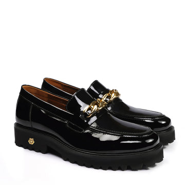 Patent Leather Chunky Sole Black Loafers with Golden Metallic Chain