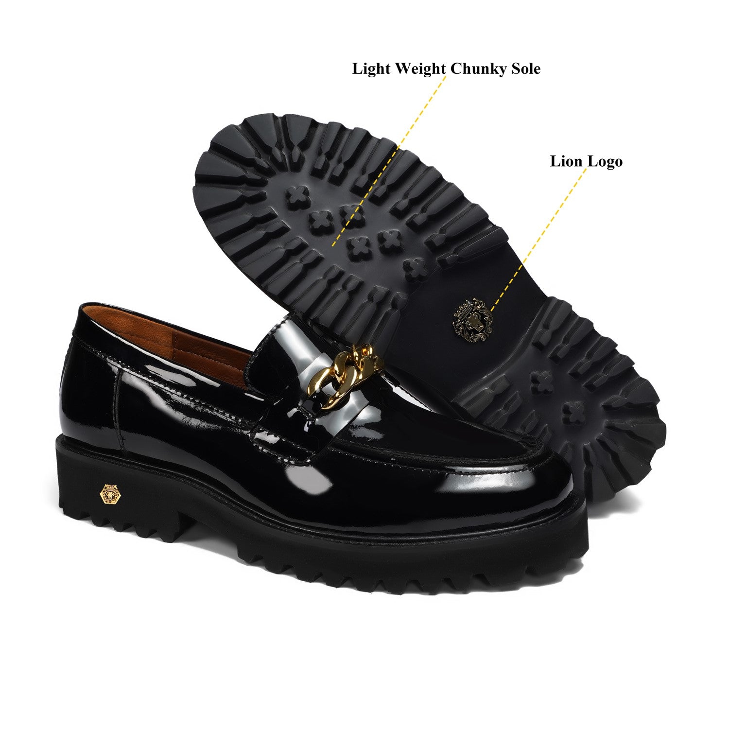 Patent Leather Chunky Sole Black Loafers with Golden Metallic Chain