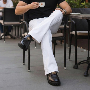 Textured Leather Chunky Sole Black Loafers with Golden Lion Logo