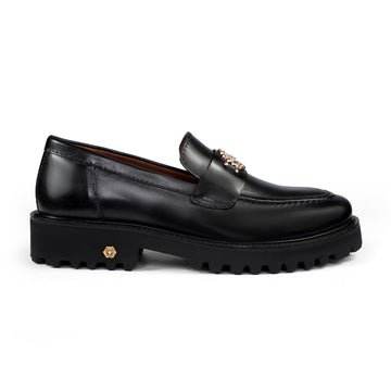 Black Leather Chunky Sole Loafers with Golden Lion Logo