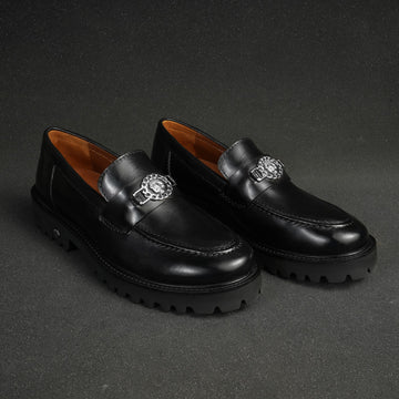 Black Leather Chunky Sole Loafers with Silver Lion Logo