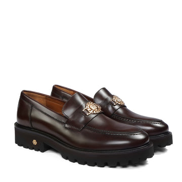 Dark Brown Leather Chunky Sole Loafers with Golden Lion Logo