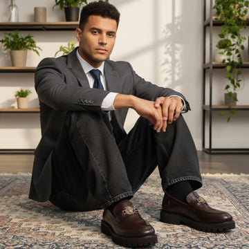 Dark Brown Leather Chunky Sole Loafers with Golden Lion Logo