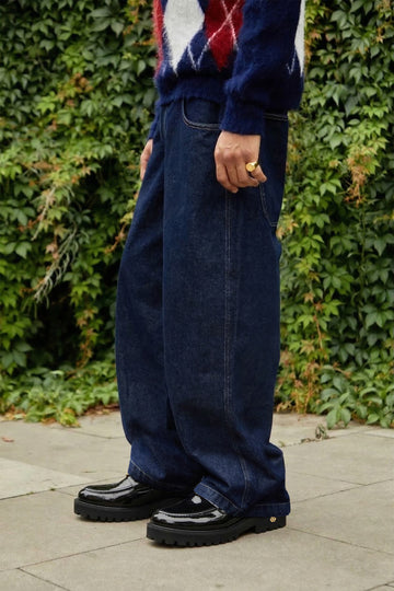 Patent Leather Chunky Sole Black Loafers with Golden Lion Logo