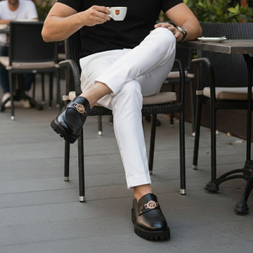 Textured Leather Chunky Sole Black Loafers with Golden Lion Logo