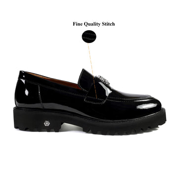 Patent Leather Chunky Sole Black Loafers with Silver Lion Logo