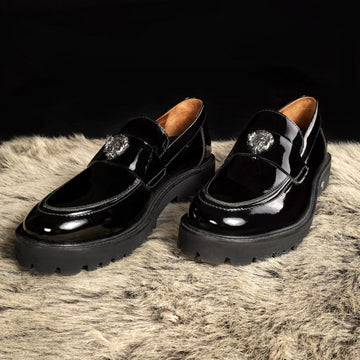 Patent Leather Chunky Sole Black Loafers with Silver Lion Logo