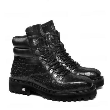 Luxury Black High-Top Croco Embossed Leather Chunky Boots