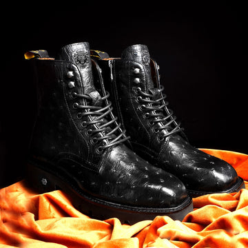 Black Chunky Lightweight Exotic Real Ostrich Leather Boots