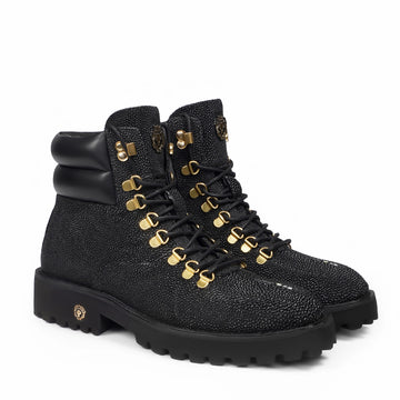 Black Chunky Lightweight Exotic StingRay Leather Boots