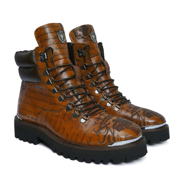 Men's Tan Darker Scritto Metal Plate Leather Boots By Brune & Bareskin