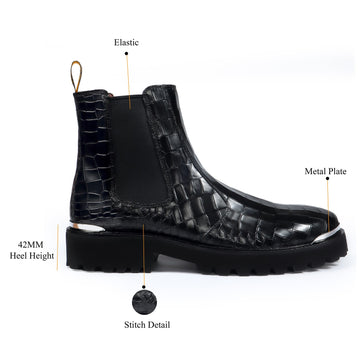 Chunky Sole Black Croco Embossed Metal Plate Boots