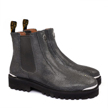 Chunky Sole Exotic Grey Stingray Fish Leather Boots