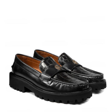 Black Deep Cut Croco Chunky Sole Loafers with 3D Golden Lion Logo