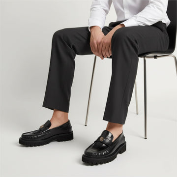 Black Deep Cut Croco Chunky Sole Loafers with 3D Golden Lion Logo