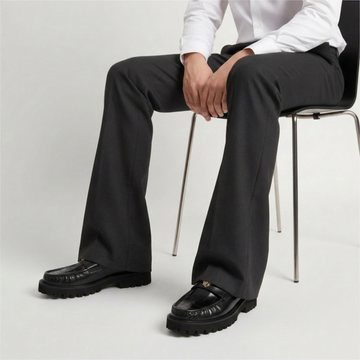 Black  Croco embossed Chunky Sole Loafers with 3D Golden Lion Logo