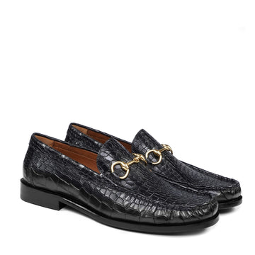 Black Deep Cut Croco Leather Horsebit Loafer