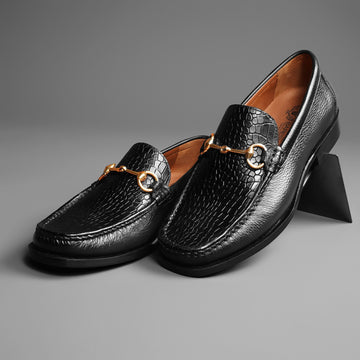 Black Textured with Croco Embossed Vamp Goodyear Welted Sole Leather Horsebit Loafer