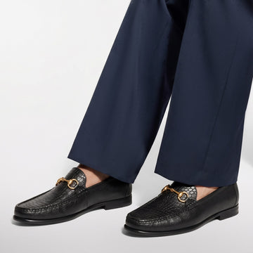 Black Textured with Croco Embossed Vamp Goodyear Welted Sole Leather Horsebit Loafer