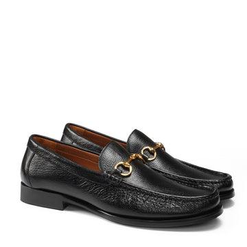 Black Textured Leather Horsebit Loafer
