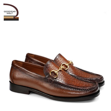 Tan Textured with Croco Embossed Vamp Horse-Bit Goodyear Welted Sole Moccasins